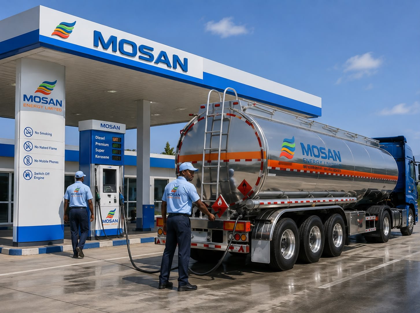 Mosan Energy tanker delivering bulk fuel to a filling station